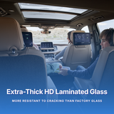 Car interior showing passengers and technology noting extra-thick HD laminated glass.