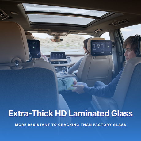 Car interior showing passengers and technology noting extra-thick HD laminated glass.