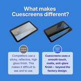 Comparison of other's product and Cuescreens product on a blue background with text explaining differences.