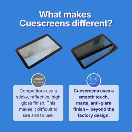 Comparison of other's product and Cuescreens product on a blue background with text explaining differences.