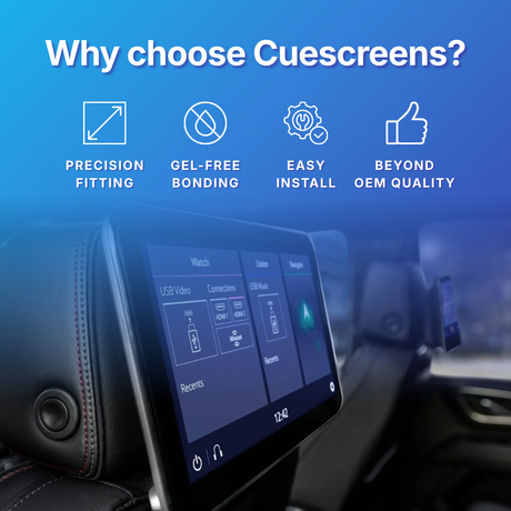 Car interior with Cuescreens branding highlighting features like precision fitting, gel-free bonding, easy install, and beyond OEM quality.