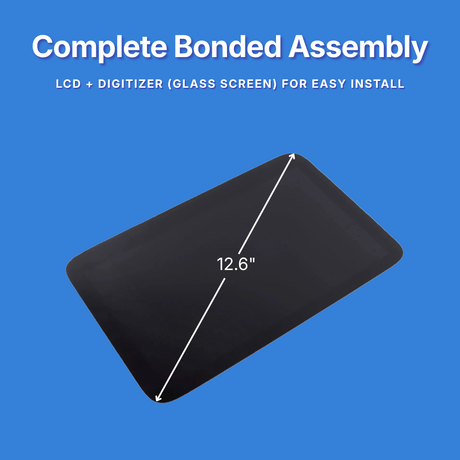 12.6-inch LCD digitizer assembly on a blue background with text about complete bonded assemblies.