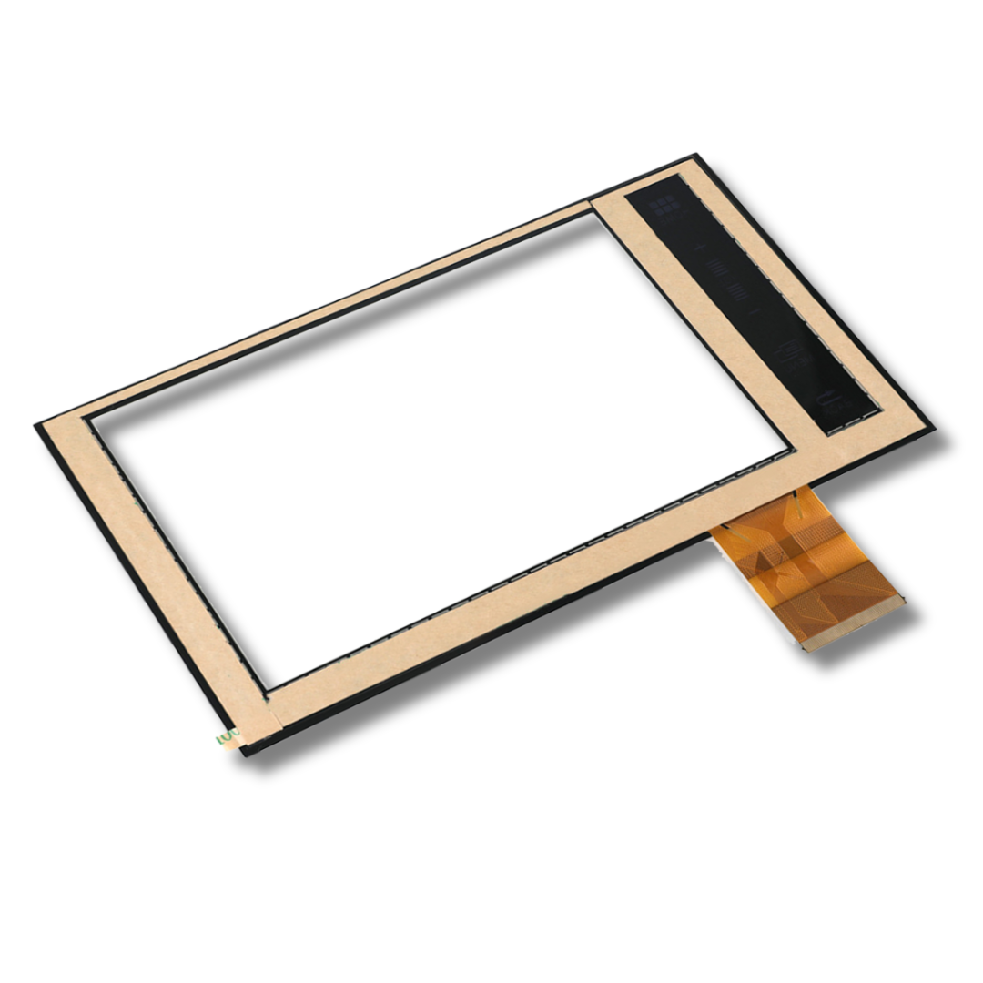 Back of rectangular touch screen panel with flexible cable on a white background