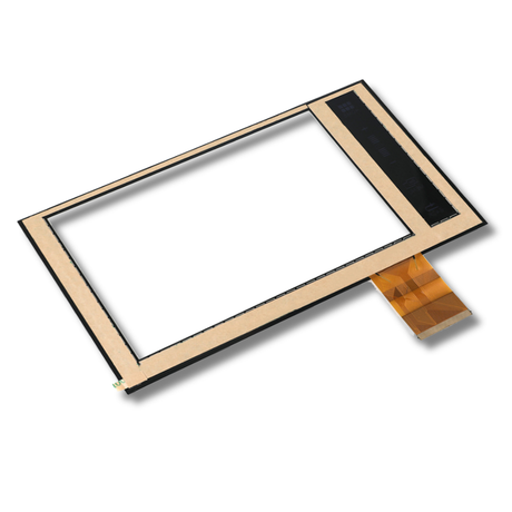 Back of rectangular touch screen panel with flexible cable on a white background