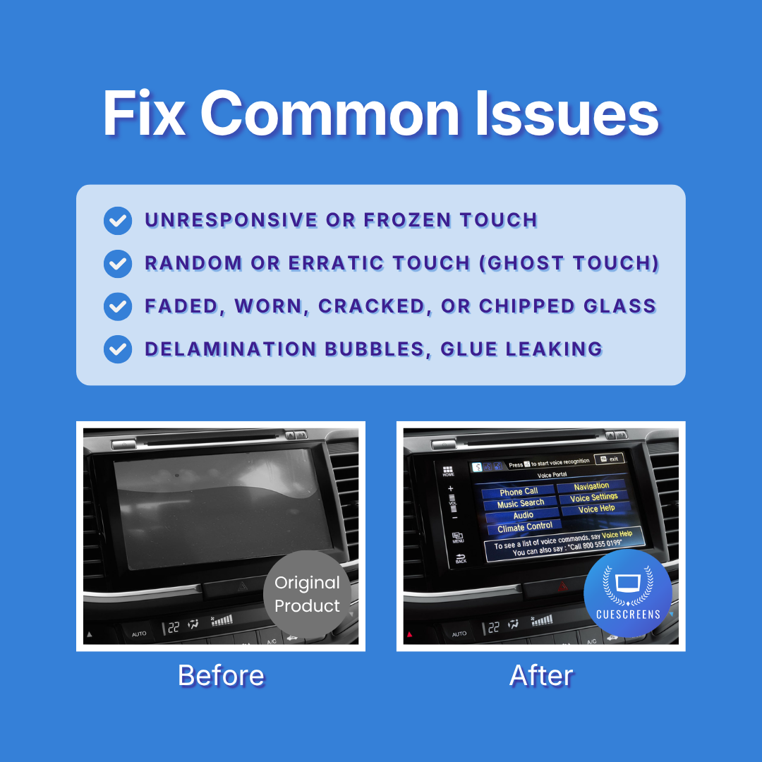 Before and after comparison of a car's infotainment screen with text about common issues on a blue background