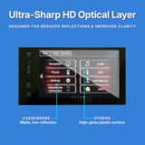 Car infotainment system screen with ultra-sharp HD optical layer on a blue background
