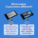 Comparison of original product and Cuescreens on a blue background with text explaining the differences
