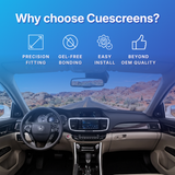 Car interior with dashboard and windshield, featuring Cuescreens product benefits on a blue background