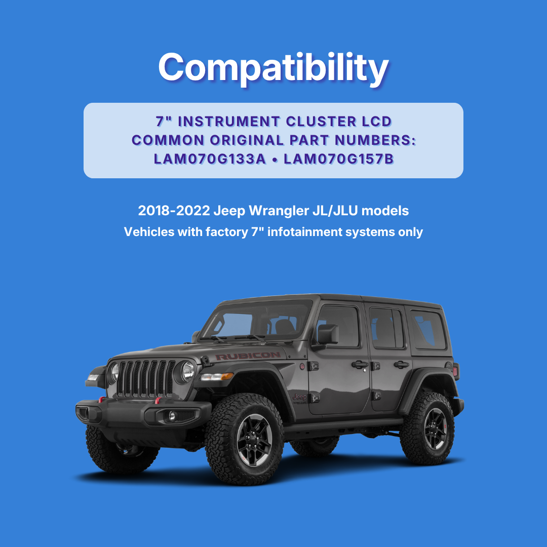 A dark gray Jeep Wrangler shown on a blue background with text reading 'Compatibility' and part number information for a 7-inch instrument cluster LCD screen