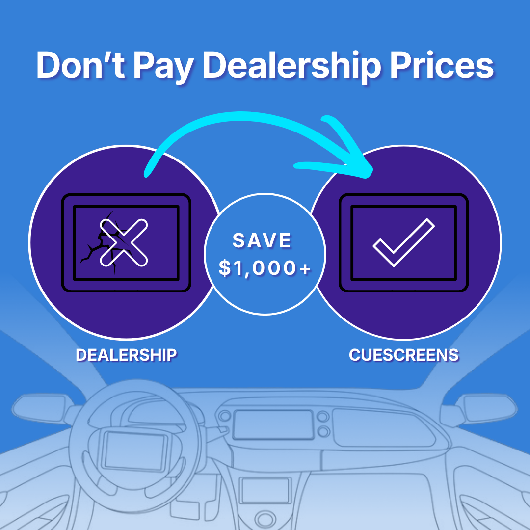 Graphic with the headline 'Don't Pay Dealership Prices' on a blue background. Two purple circles compare a cracked screen icon labeled 'DEALERSHIP' with a checkmark icon labeled 'CUESCREENS'