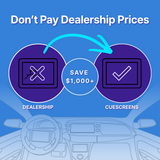 Graphic with the headline 'Don't Pay Dealership Prices' on a blue background. Two purple circles compare a cracked screen icon labeled 'DEALERSHIP' with a checkmark icon labeled 'CUESCREENS'