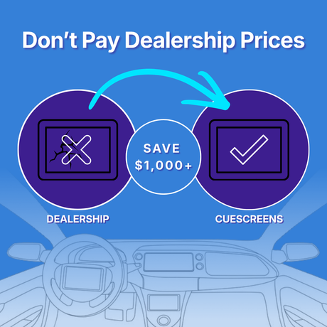 Graphic with the headline 'Don't Pay Dealership Prices' on a blue background. Two purple circles compare a cracked screen icon labeled 'DEALERSHIP' with a checkmark icon labeled 'CUESCREENS'