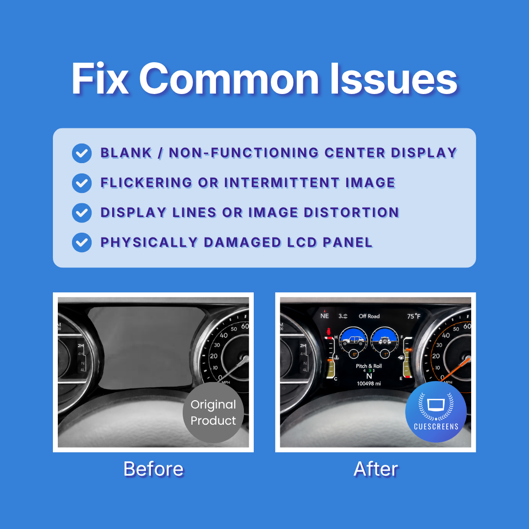 Graphic on a blue background titled 'Fix Common Issues' with a checklist of display-related problems such as blank center display, flickering image, display lines, and damaged panel. Below, two small before/after dashboard screenshots show a car display issue resolved, with 'Original Product' on the left and a working dashboard on the right