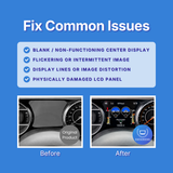Graphic on a blue background titled 'Fix Common Issues' with a checklist of display-related problems such as blank center display, flickering image, display lines, and damaged panel. Below, two small before/after dashboard screenshots show a car display issue resolved, with 'Original Product' on the left and a working dashboard on the right