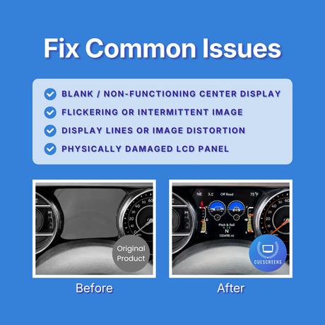 Graphic on a blue background titled 'Fix Common Issues' with a checklist of display-related problems such as blank center display, flickering image, display lines, and damaged panel. Below, two small before/after dashboard screenshots show a car display issue resolved, with 'Original Product' on the left and a working dashboard on the right