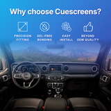 Promotional graphic for Cuescreens showing a car interior with large text reading 'Why choose Cuescreens?' and four feature icons for precision fitting, gel-free bonding, easy install, and beyond OEM quality