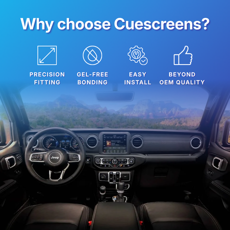 Promotional graphic for Cuescreens showing a car interior with large text reading 'Why choose Cuescreens?' and four feature icons for precision fitting, gel-free bonding, easy install, and beyond OEM quality