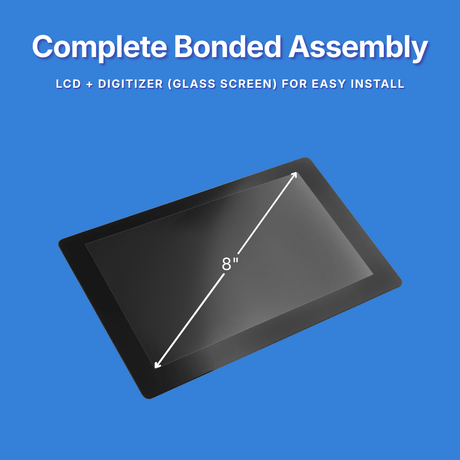 8-inch LCD digitizer assembly on a blue background with text about complete bonded assemblies.