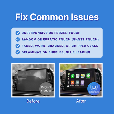 Before and after comparison of a car's infotainment screen with text about fixing common issues on a blue background.