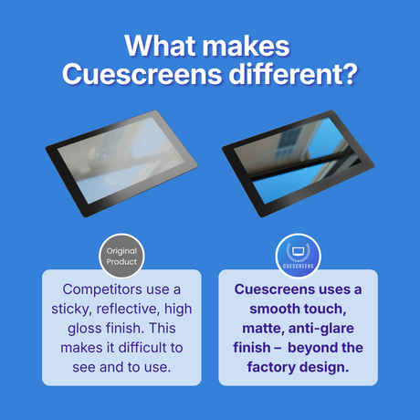 Comparison of other's product and Cuescreens product on a blue background with text explaining differences.