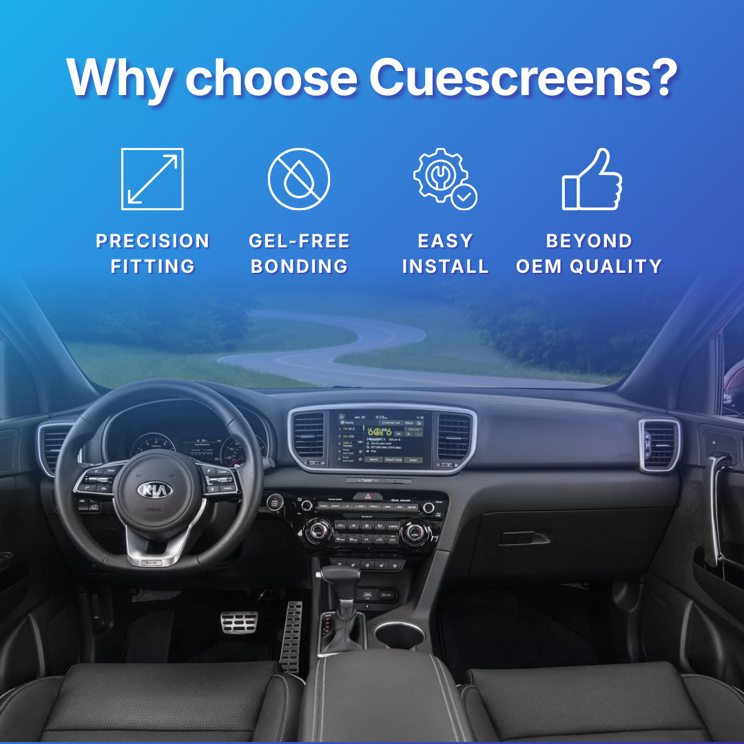 Car interior with dashboard display and text highlighting reasons to choose Cuescreens.