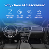 Car interior with dashboard display and text highlighting reasons to choose Cuescreens.