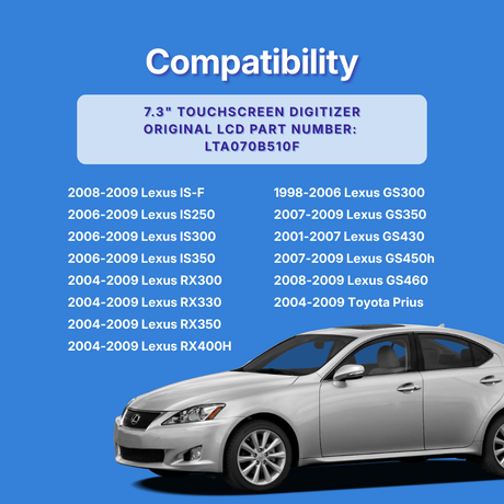 Compatibility chart for touchscreen digitizer with a Lexus car on a blue background