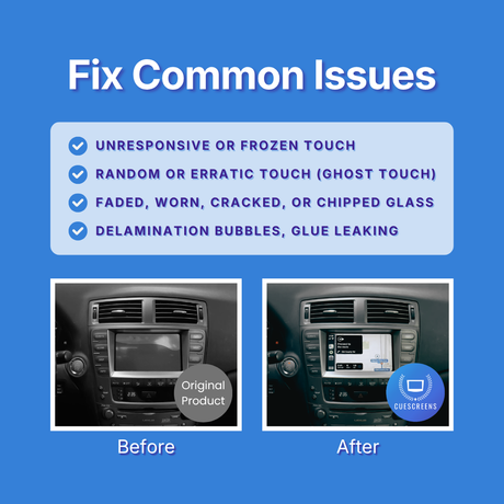 Before and after comparison of a car's infotainment screen with text about common issues on a blue background