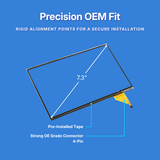 Touchscreen display with measurement details and text about precision OEM fit on a blue background 
