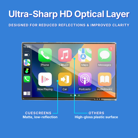 Car infotainment screen with ultra-sharp HD optical layer on a blue background