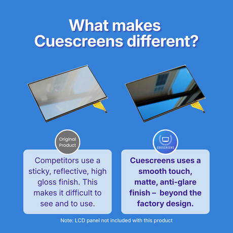 Comparison of original product and Cuescreens on a blue background with text explaining differences