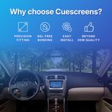 Car dashboard with a touchscreen display and text highlighting Cuescreens' features on a blue background