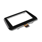 Black electronic touchscreen with a ribbon cable on a white background