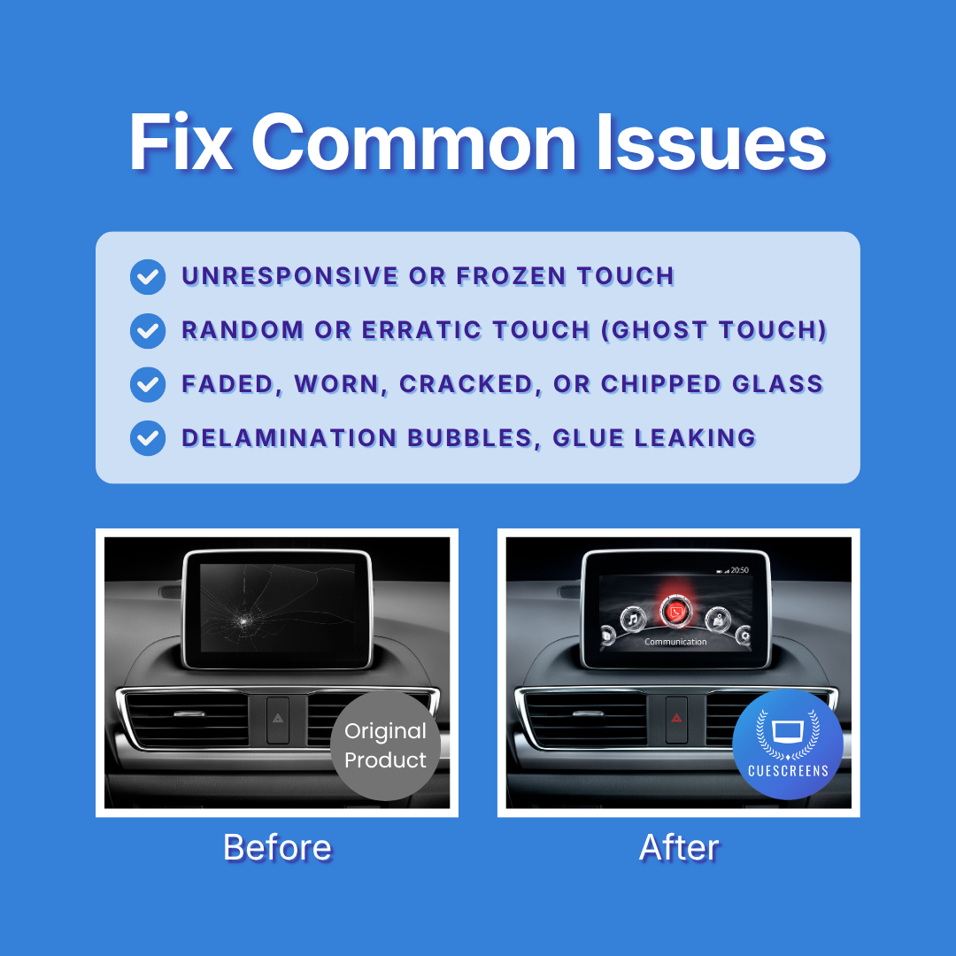 Promotional graphic on a blue background titled 'Fix Common Issues' listing touchscreen problems like unresponsive touch, ghost touch, cracked glass, and delamination bubbles. Below, two before/after car infotainment screen photos demonstrate repair results, with the original product labeled 'Before' on the left and a repaired screen labeled 'After' on the right