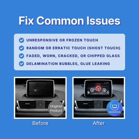 Promotional graphic on a blue background titled 'Fix Common Issues' listing touchscreen problems like unresponsive touch, ghost touch, cracked glass, and delamination bubbles. Below, two before/after car infotainment screen photos demonstrate repair results, with the original product labeled 'Before' on the left and a repaired screen labeled 'After' on the right