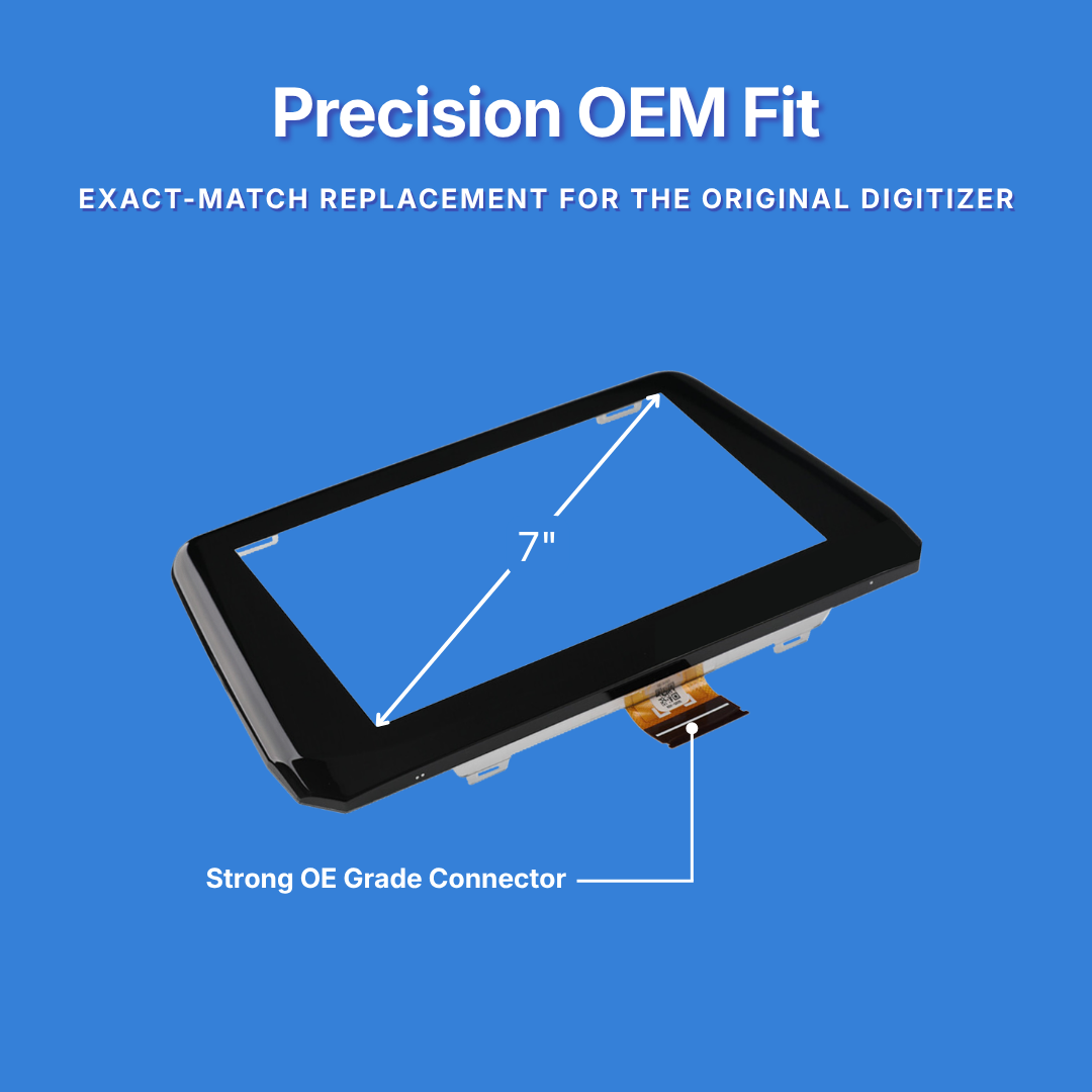 A 7-inch black replacement digitizer screen with a strong OE Grade connector, shown on a solid blue background with text overlays indicating precision OEM fit