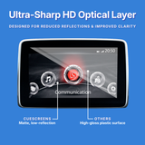 Infotainment screen featuring an Ultra-Sharp HD Optical Layer. The screen is shown with various app icons on a blue background with white text highlighting features like reduced reflections and improved clarity