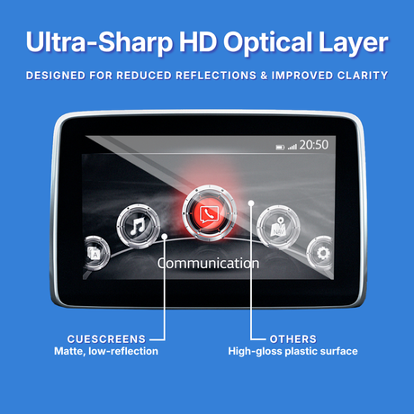 Infotainment screen featuring an Ultra-Sharp HD Optical Layer. The screen is shown with various app icons on a blue background with white text highlighting features like reduced reflections and improved clarity