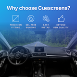 Promotional graphic for Cuescreens showing a car interior with a forest road view, overlaid with the text 'Why choose Cuescreens?' and four feature icons: precision fitting, gel-free bonding, easy install, and beyond OEM quality