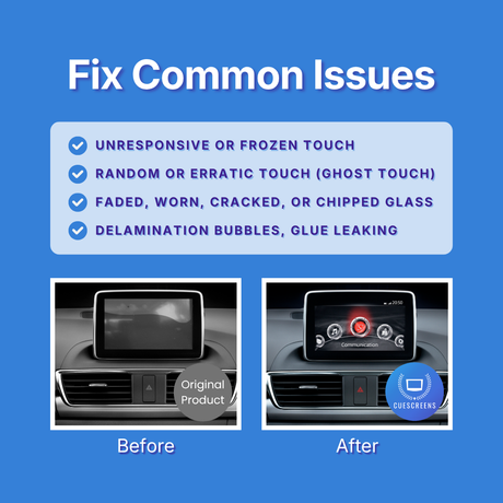Before and after comparison of a car's infotainment screen with text about common issues on a blue background