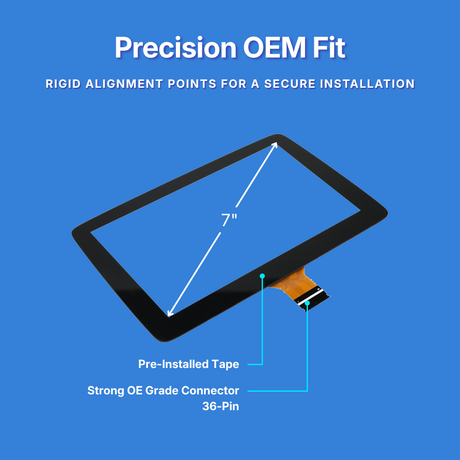 Touchscreen display with text about precision OEM fit on a blue background