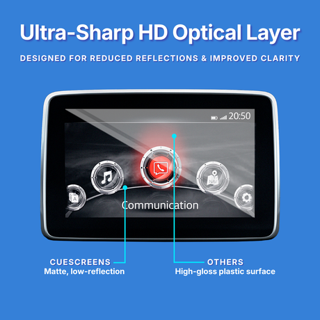 Car infotainment system display with ultra-sharp HD optical layer on a blue background