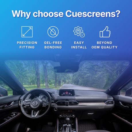 Car interior with Cuescreens branding highlighting features like precision fitting, gel-free bonding, easy install, and beyond OEM quality
