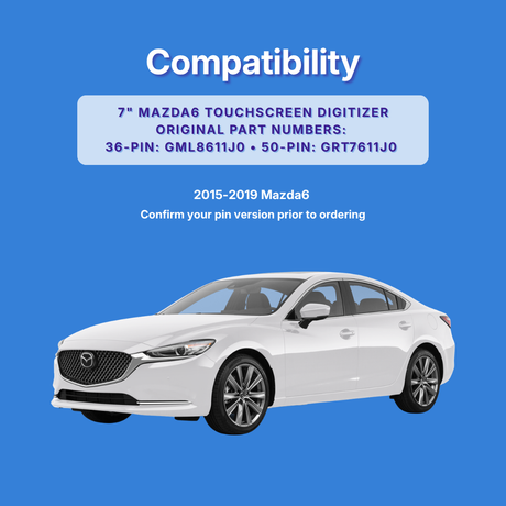 A blue compatibility graphic for a 7-inch Mazda touchscreen digitizer part, showing a white Mazda6 sedan and text with original part numbers and pin versions for 2015-2019 Mazda6