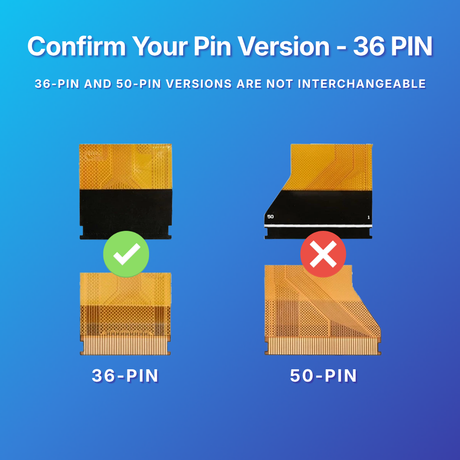 Blue informational graphic with the text 'Confirm Your Pin Version' and '36-PIN AND 50-PIN VERSIONS ARE NOT INTERCHANGEABLE.' It shows two small connector diagrams: a 36-pin version with a green check mark and a 50-pin version with a red X