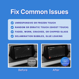 Graphic for a screen repair product, titled 'Fix Common Issues' on a blue background. It lists touchscreen problems like frozen touch, ghost touch, cracked glass, and delamination bubbles, with before/after photos of a car infotainment screen showing repair results