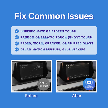 Graphic for a screen repair product, titled 'Fix Common Issues' on a blue background. It lists touchscreen problems like frozen touch, ghost touch, cracked glass, and delamination bubbles, with before/after photos of a car infotainment screen showing repair results