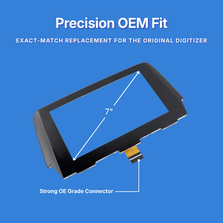 A 7-inch black touch screen digitizer replacement part with a small gold connector, shown on a blue background with text reading 'Precision OEM Fit' and 'Exact-match replacement for the original digitizer'