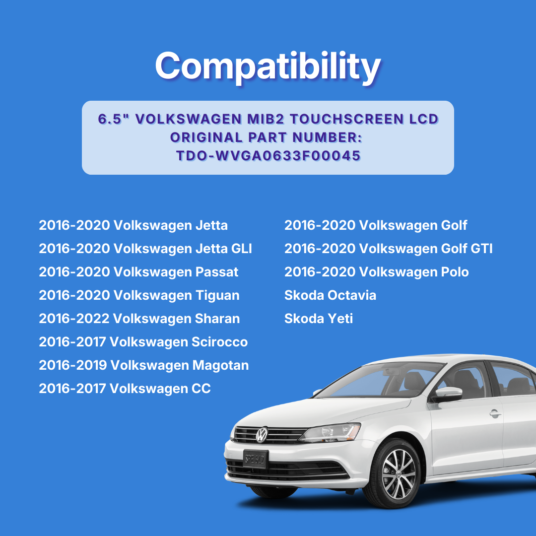 Compatibility chart for Volkswagen car models with a white car on a blue background
