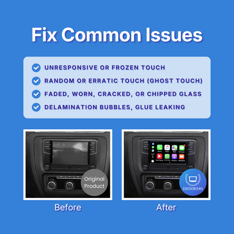 Before and after comparison of a car's infotainment screen with text about fixing common issues on a blue background.